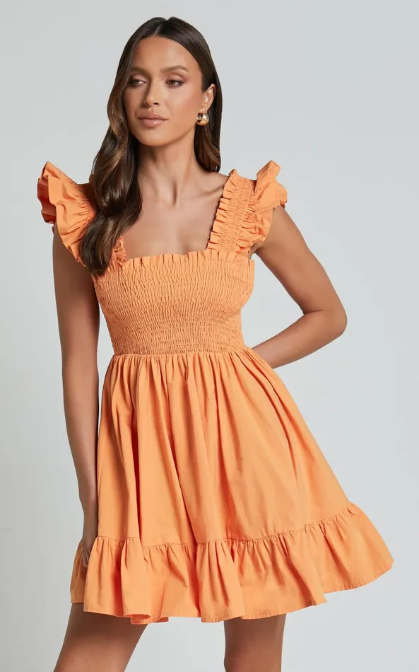 Showpo Brynlee Mini Dress 8211 Elastic Chest Flutter Sleeve Hem Dress In Mandarin Women Dresses