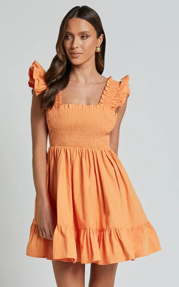 Showpo Brynlee Mini Dress 8211 Elastic Chest Flutter Sleeve Hem Dress In Mandarin Women Dresses