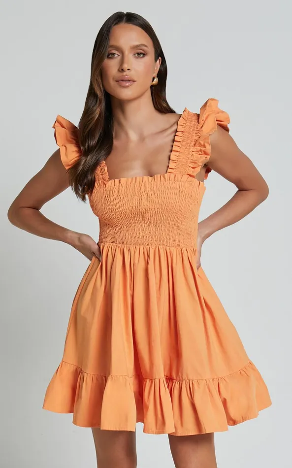 Showpo Brynlee Mini Dress 8211 Elastic Chest Flutter Sleeve Hem Dress In Mandarin Women Dresses