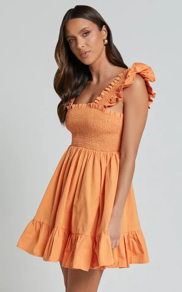 Showpo Brynlee Mini Dress 8211 Elastic Chest Flutter Sleeve Hem Dress In Mandarin Women Dresses