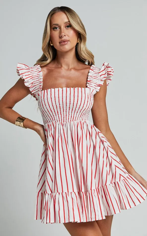 Showpo Brynlee Mini Dress 8211 Elastic Chest Flutter Sleeve Hem Dress In Red Stripe Women Dresses Showpo Brynlee Mini Dress 8211 Elastic Chest Flutter Sleeve Hem Dress In Red Stripe Women Dresses