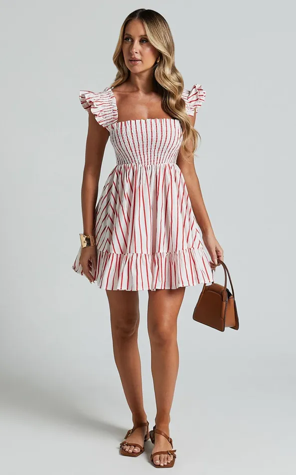 Showpo Brynlee Mini Dress 8211 Elastic Chest Flutter Sleeve Hem Dress In Red Stripe Women Dresses