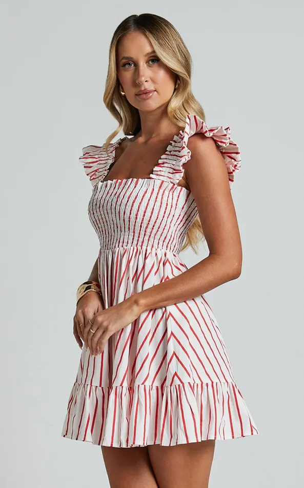 Showpo Brynlee Mini Dress 8211 Elastic Chest Flutter Sleeve Hem Dress In Red Stripe Women Dresses