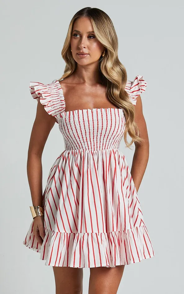 Showpo Brynlee Mini Dress 8211 Elastic Chest Flutter Sleeve Hem Dress In Red Stripe Women Dresses