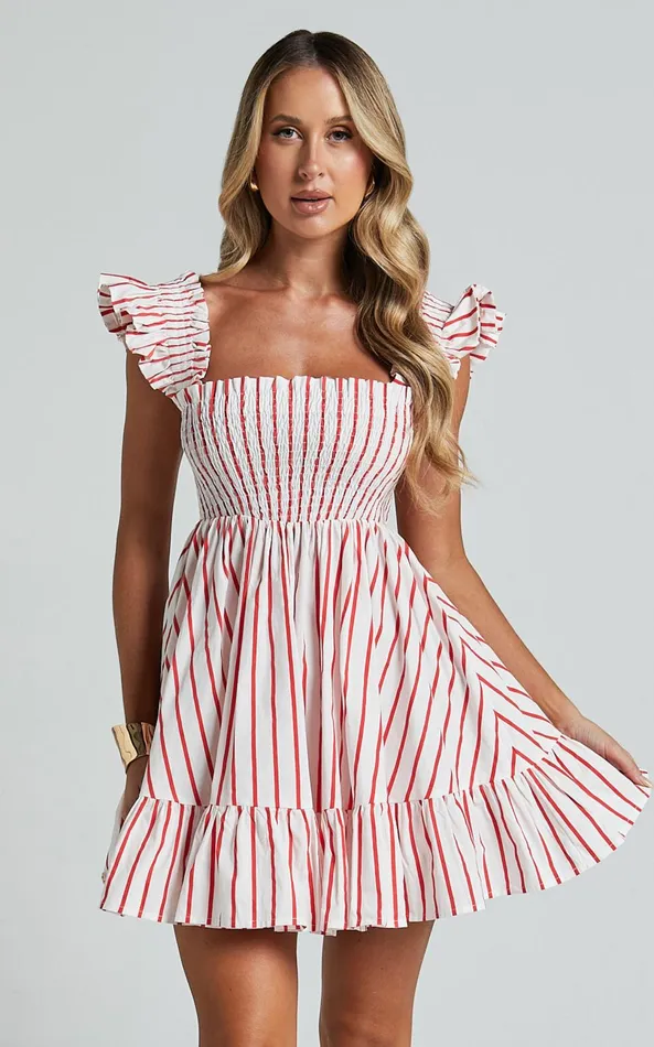 Showpo Brynlee Mini Dress 8211 Elastic Chest Flutter Sleeve Hem Dress In Red Stripe Women Dresses