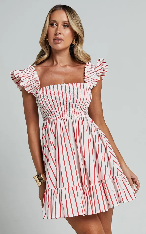 Showpo Brynlee Mini Dress 8211 Elastic Chest Flutter Sleeve Hem Dress In Red Stripe Women Dresses