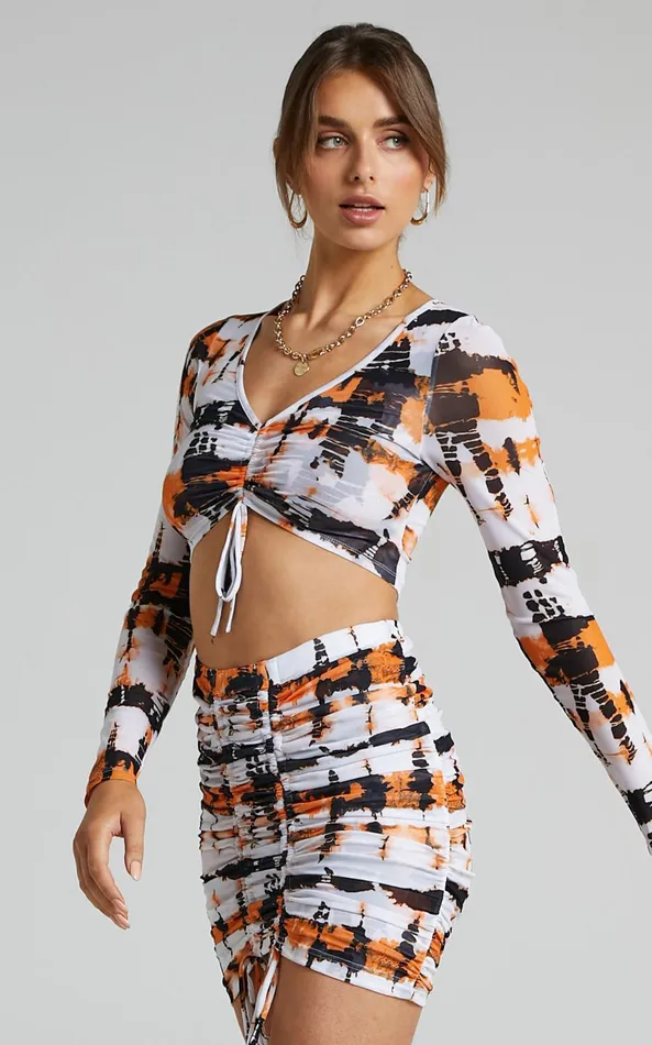 Showpo BY DYLN 8211 Odette Mini Skirt In Orange Printed Mesh Women Skirts