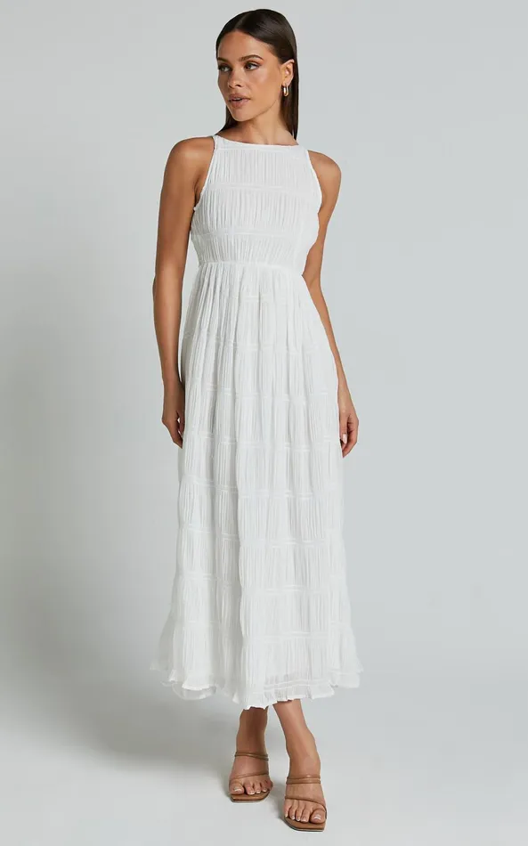 Showpo Cade Maxi Dress 8211 High Neck Sleeveless A Line Dress In White Women Dresses