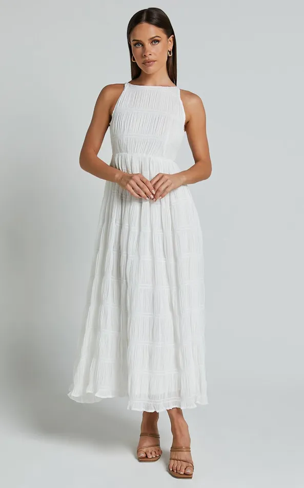 Showpo Cade Maxi Dress 8211 High Neck Sleeveless A Line Dress In White Women Dresses