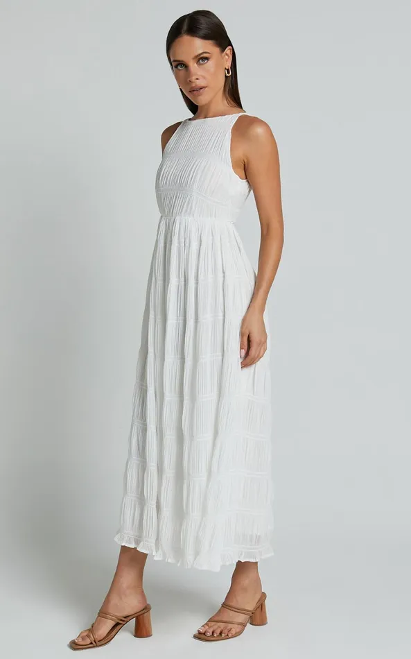 Showpo Cade Maxi Dress 8211 High Neck Sleeveless A Line Dress In White Women Dresses