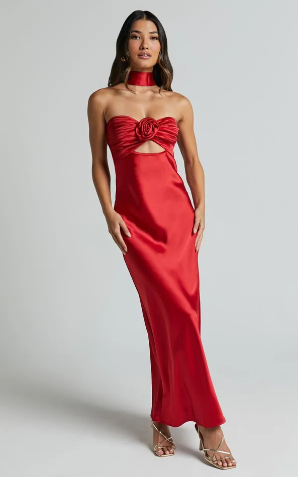 Showpo Cady Maxi Dress 8211 Ruched Bust Rosette Detail Satin Dress In Red Women Dresses Showpo Cady Maxi Dress 8211 Ruched Bust Rosette Detail Satin Dress In Red Women Dresses