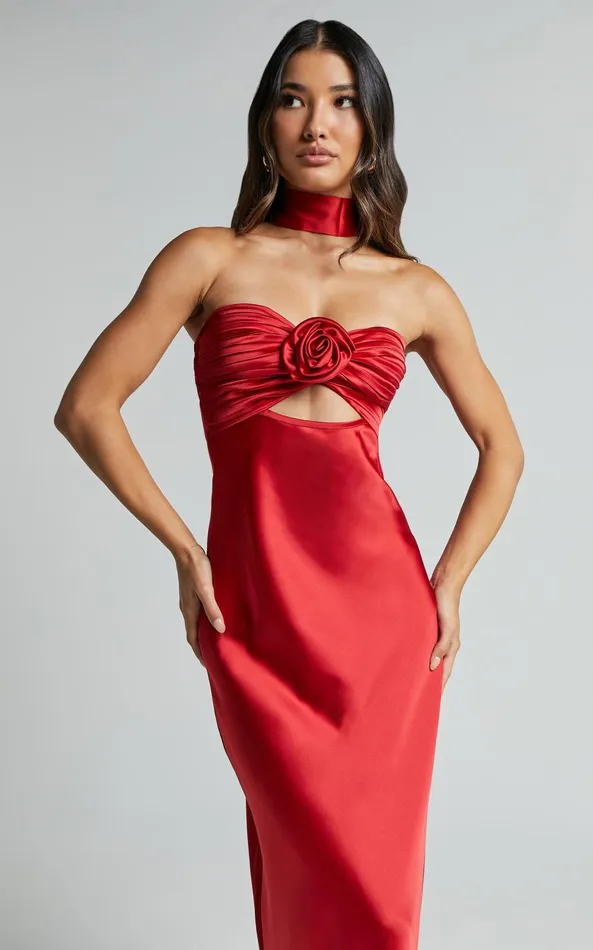 Showpo Cady Maxi Dress 8211 Ruched Bust Rosette Detail Satin Dress In Red Women Dresses