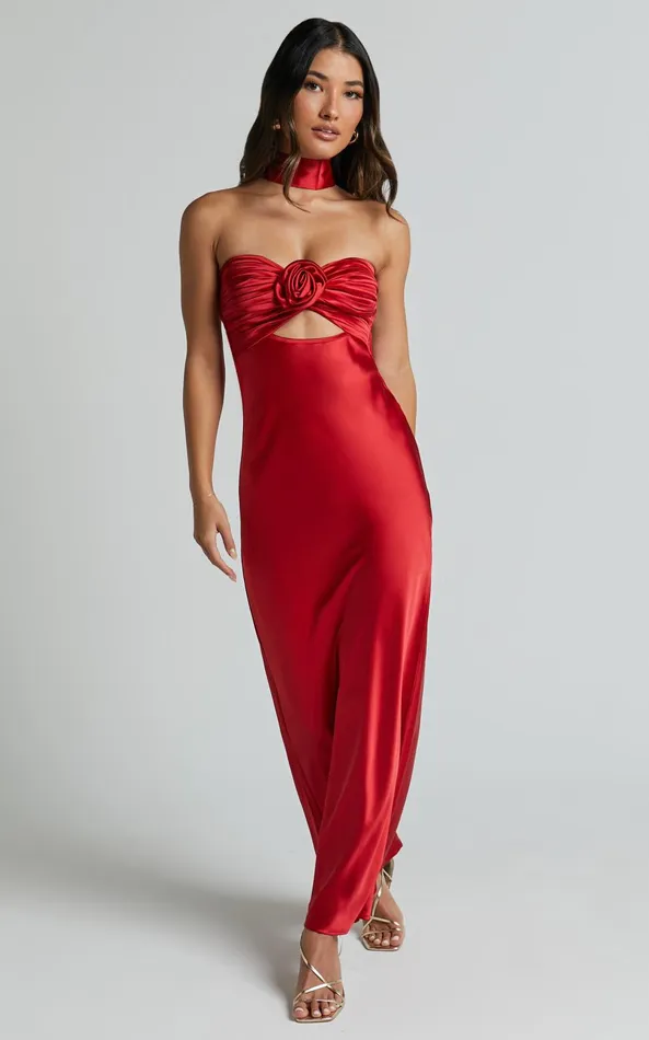 Showpo Cady Maxi Dress 8211 Ruched Bust Rosette Detail Satin Dress In Red Women Dresses