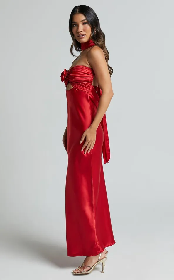 Showpo Cady Maxi Dress 8211 Ruched Bust Rosette Detail Satin Dress In Red Women Dresses
