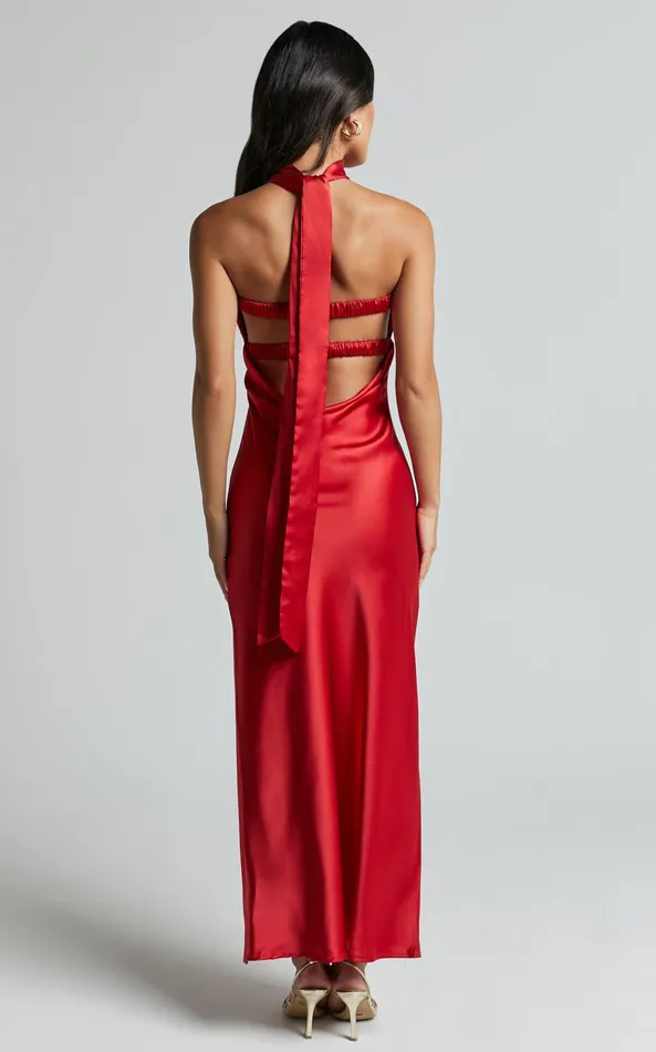 Showpo Cady Maxi Dress 8211 Ruched Bust Rosette Detail Satin Dress In Red Women Dresses