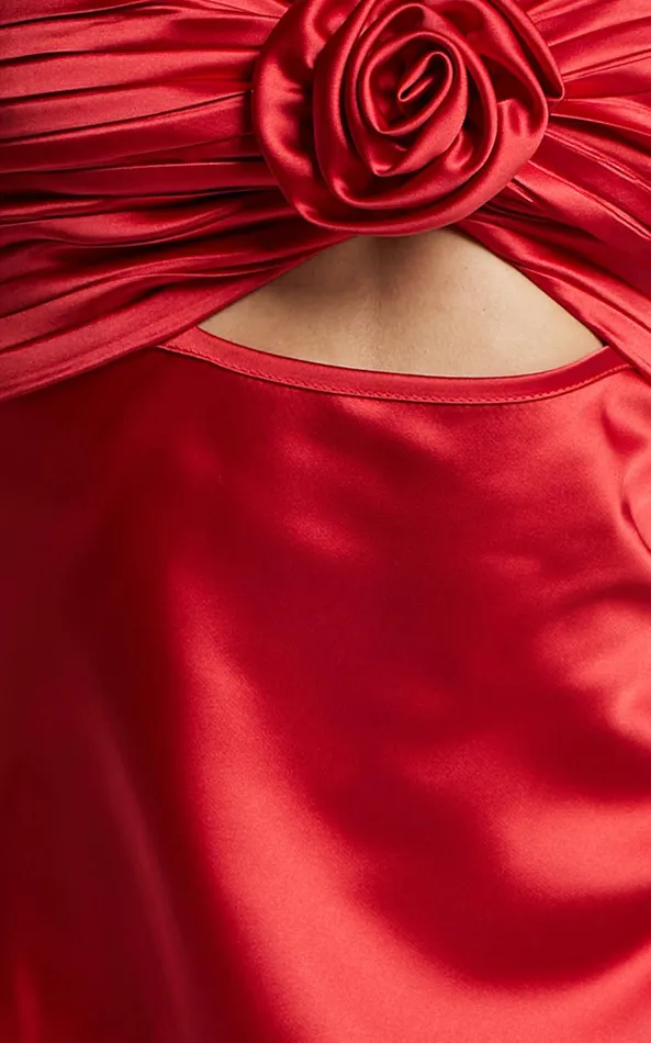 Showpo Cady Maxi Dress 8211 Ruched Bust Rosette Detail Satin Dress In Red Women Dresses