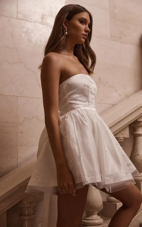 Showpo Cailene Mini Dress 8211 Strapless Bow Train Fit And Flare Dress In Ivory Women Dresses