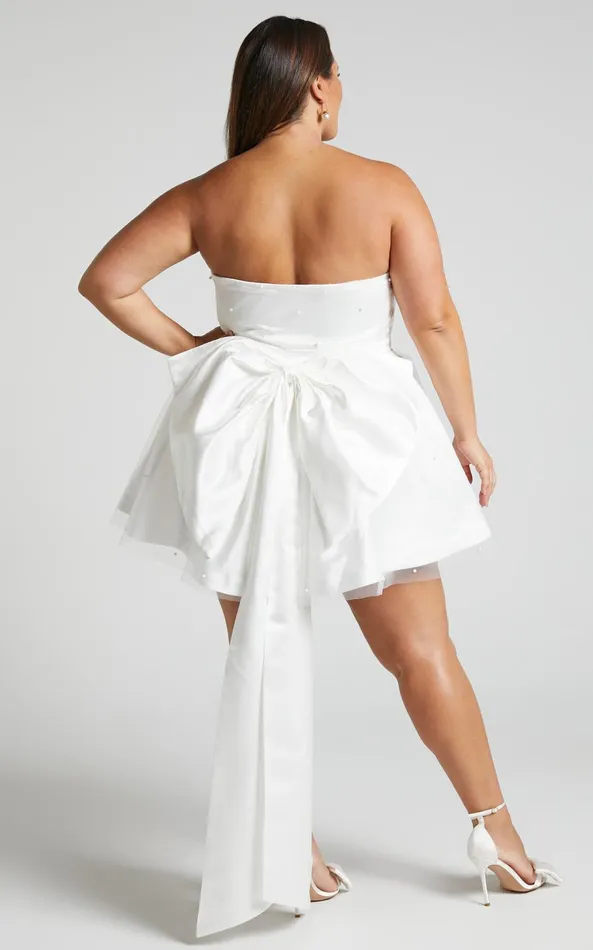 Showpo Cailene Mini Dress 8211 Strapless Bow Train Fit And Flare Dress In Ivory Women Dresses