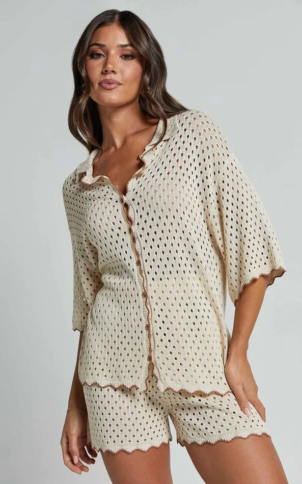 Showpo Caja Shirt 8211 Button Up Wavy Hem Knit Shirt In NutmegShell Women Knitwear Showpo Caja Shirt 8211 Button Up Wavy Hem Knit Shirt In NutmegShell Women Knitwear