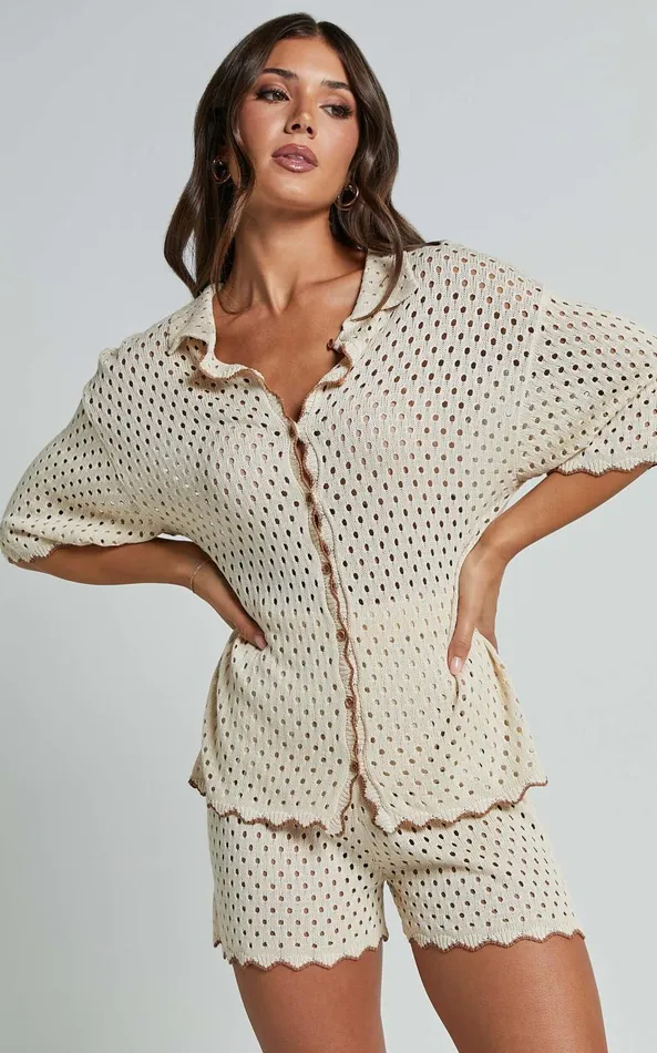 Showpo Caja Shirt 8211 Button Up Wavy Hem Knit Shirt In NutmegShell Women Knitwear