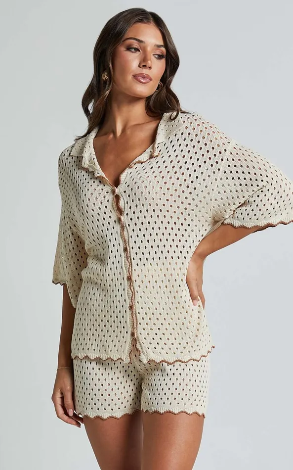 Showpo Caja Shirt 8211 Button Up Wavy Hem Knit Shirt In NutmegShell Women Knitwear