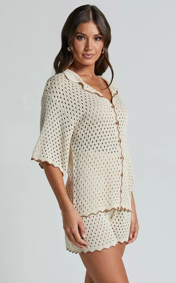 Showpo Caja Shirt 8211 Button Up Wavy Hem Knit Shirt In NutmegShell Women Knitwear