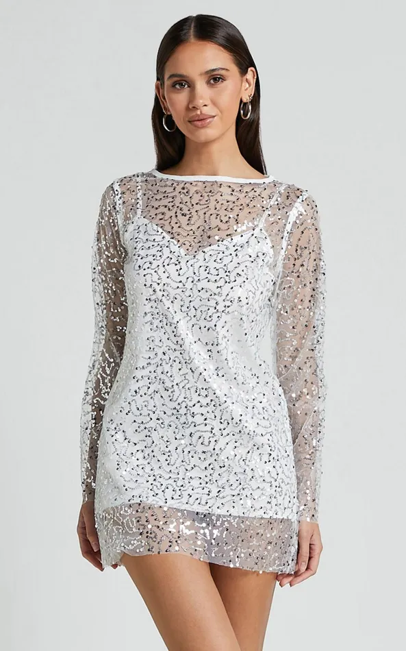 Showpo Calissa Mini Dress 8211 Long Sleeve Sequin Mesh Dress In White Women Dresses Showpo Calissa Mini Dress 8211 Long Sleeve Sequin Mesh Dress In White Women Dresses