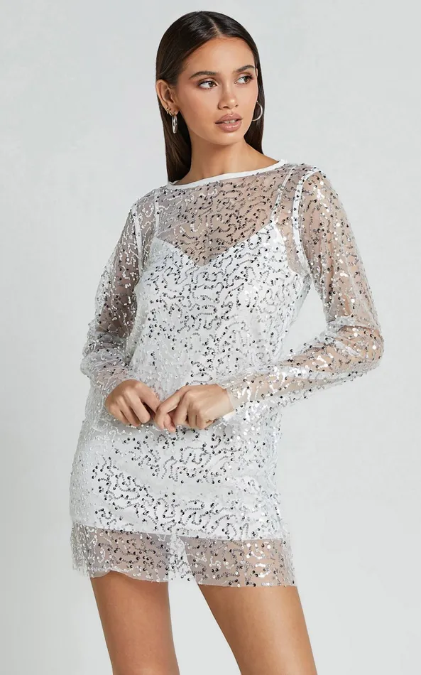 Showpo Calissa Mini Dress 8211 Long Sleeve Sequin Mesh Dress In White Women Dresses