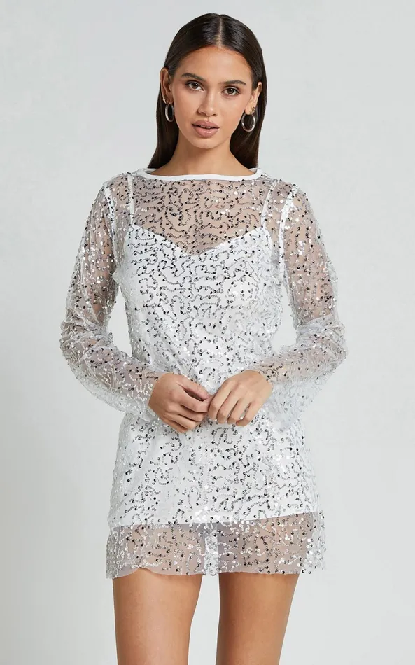 Showpo Calissa Mini Dress 8211 Long Sleeve Sequin Mesh Dress In White Women Dresses