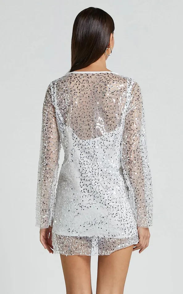 Showpo Calissa Mini Dress 8211 Long Sleeve Sequin Mesh Dress In White Women Dresses