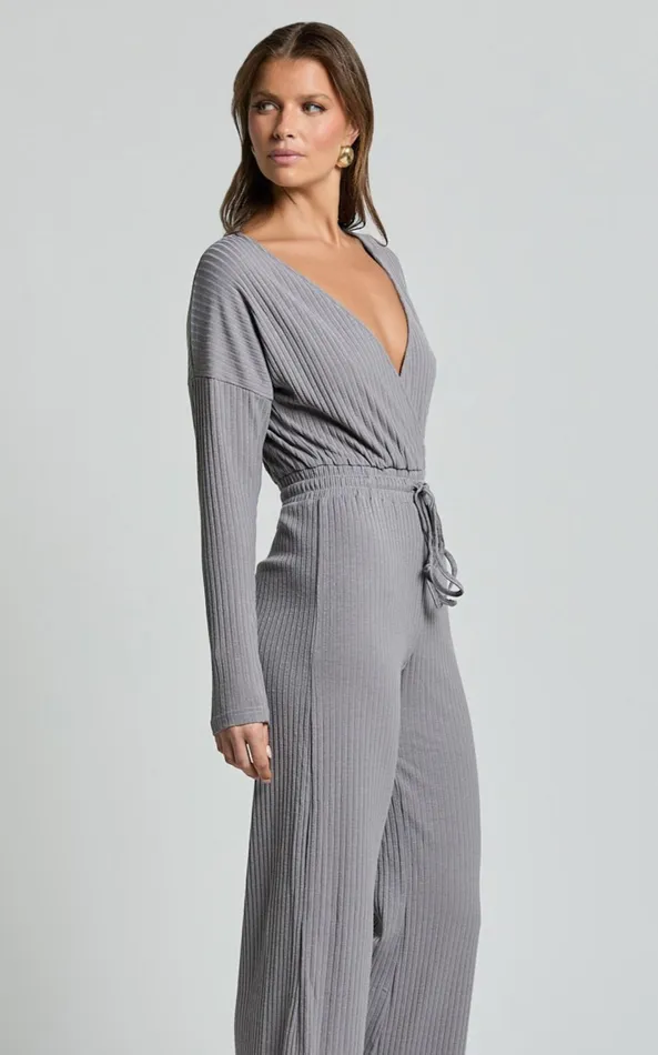 Showpo Camille Jumpsuit 8211 Ribbed Jersey Long Sleeve Wide Leg Jumpsuit In Slate Grey Women Jumpsuits