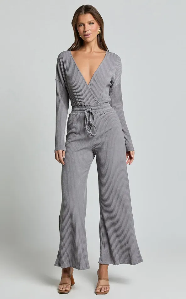 Showpo Camille Jumpsuit 8211 Ribbed Jersey Long Sleeve Wide Leg Jumpsuit In Slate Grey Women Jumpsuits