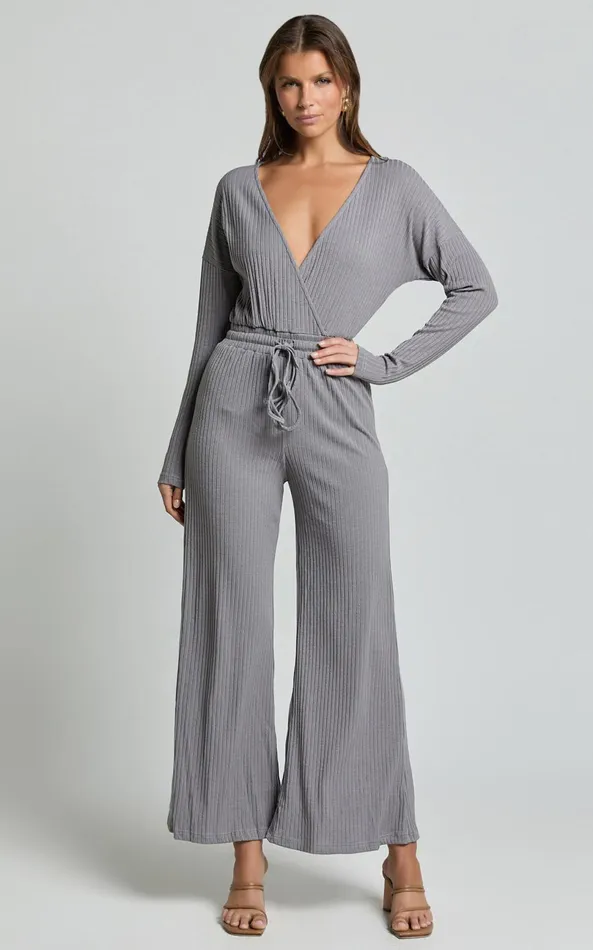 Showpo Camille Jumpsuit 8211 Ribbed Jersey Long Sleeve Wide Leg Jumpsuit In Slate Grey Women Jumpsuits
