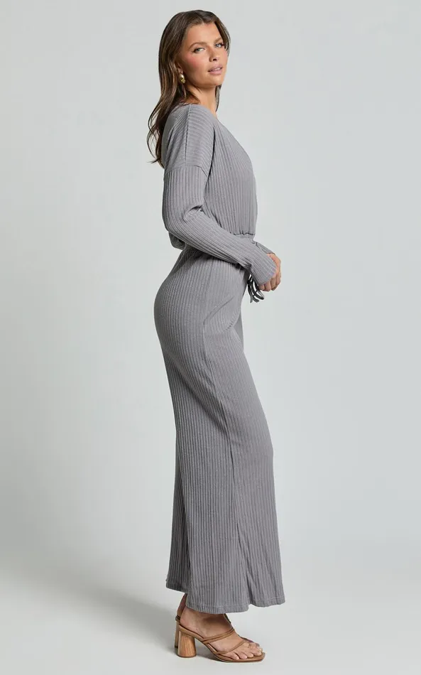 Showpo Camille Jumpsuit 8211 Ribbed Jersey Long Sleeve Wide Leg Jumpsuit In Slate Grey Women Jumpsuits
