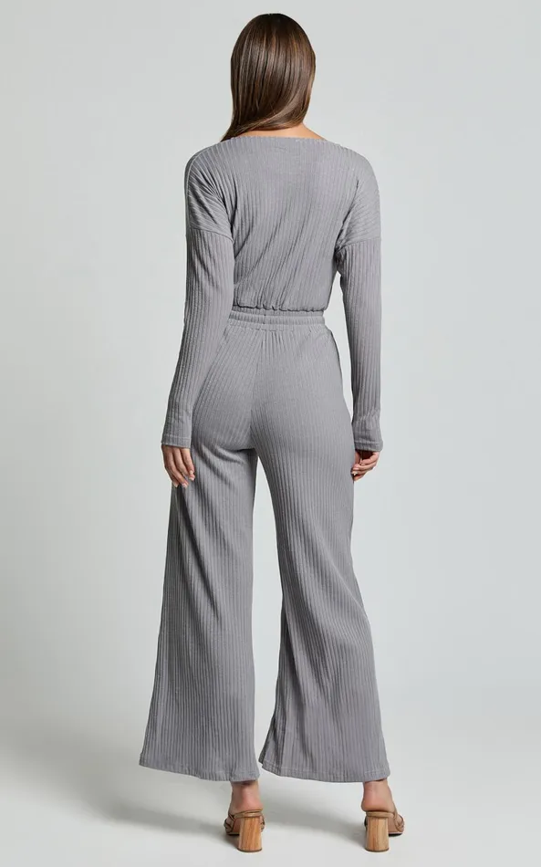 Showpo Camille Jumpsuit 8211 Ribbed Jersey Long Sleeve Wide Leg Jumpsuit In Slate Grey Women Jumpsuits