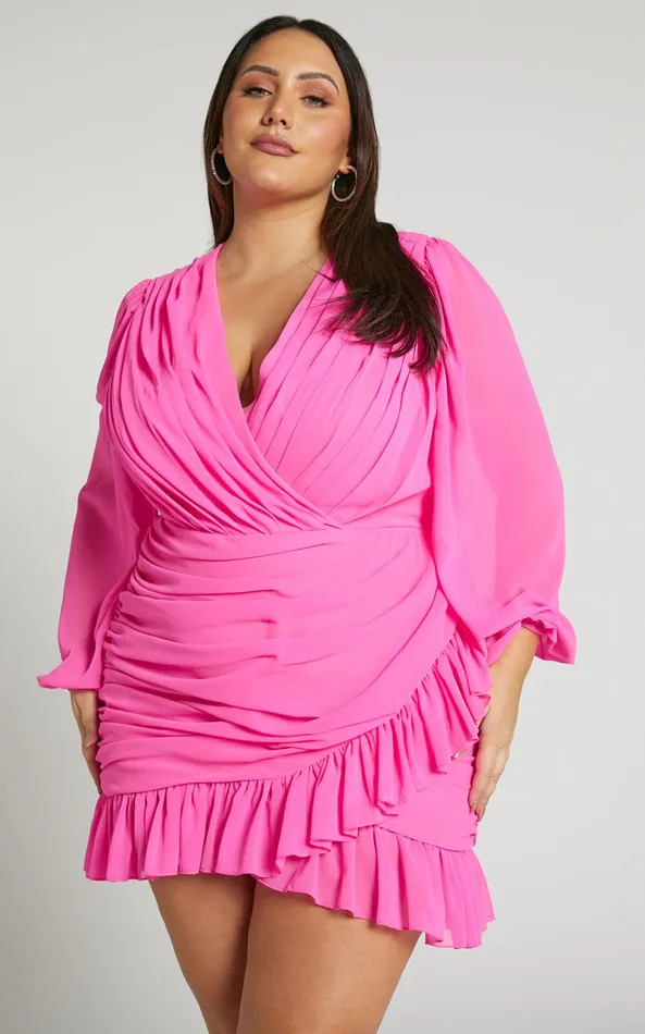 Showpo Can I Be Your Honey Mini Dress 8211 Plunge Balloon Sleeve Dress In Hot Pink Women Curve Clothes