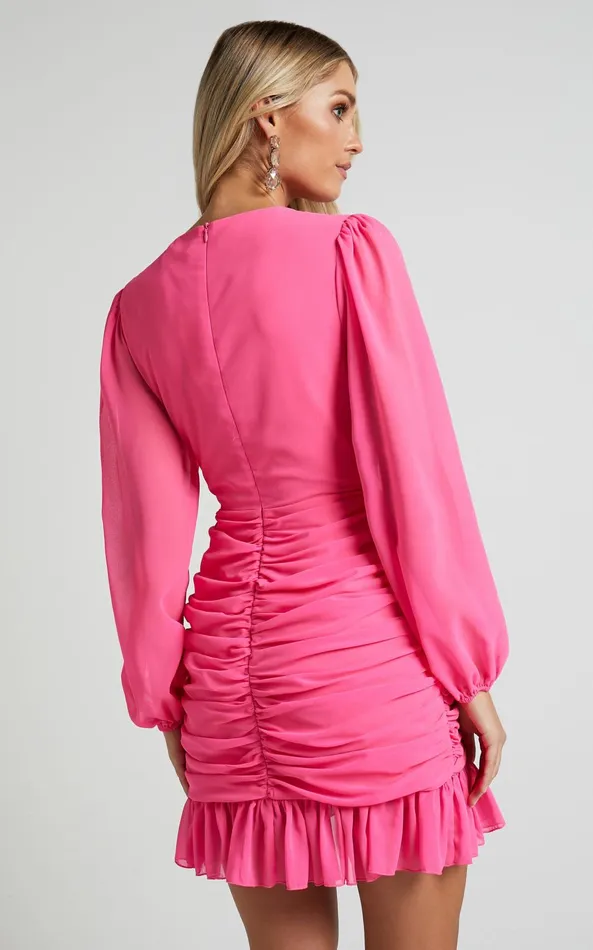 Showpo Can I Be Your Honey Mini Dress 8211 Plunge Balloon Sleeve Dress In Hot Pink Women Curve Clothes