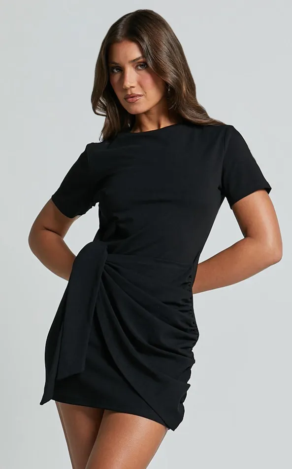 Showpo Candace Mini Dress 8211 Faux Wrap Shift Dress In Black Women Dresses