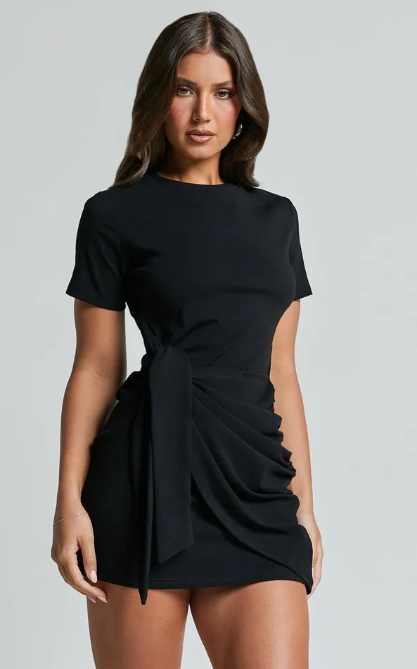 Showpo Candace Mini Dress 8211 Faux Wrap Shift Dress In Black Women Dresses