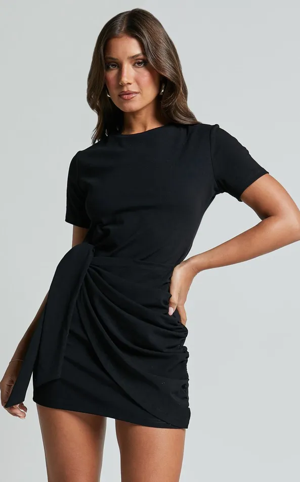 Showpo Candace Mini Dress 8211 Faux Wrap Shift Dress In Black Women Dresses