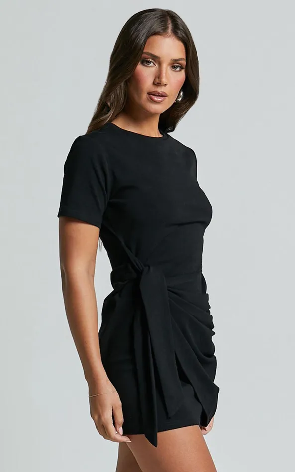 Showpo Candace Mini Dress 8211 Faux Wrap Shift Dress In Black Women Dresses
