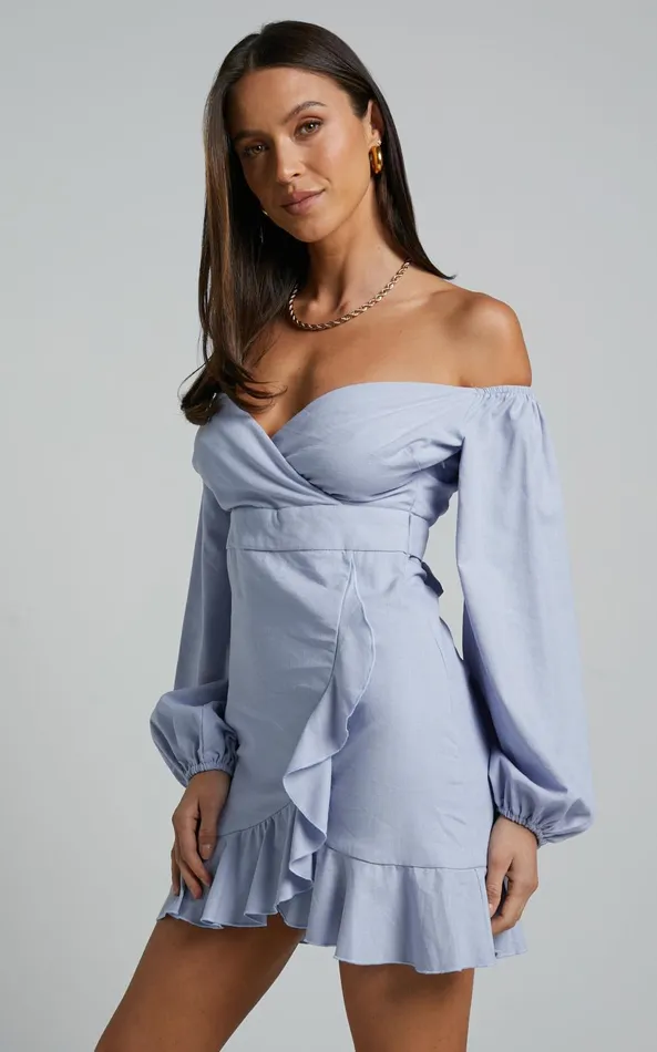 Showpo Cant Move On Off The Shoulder Mini Dress In Powder Blue Linen Look Women Dresses