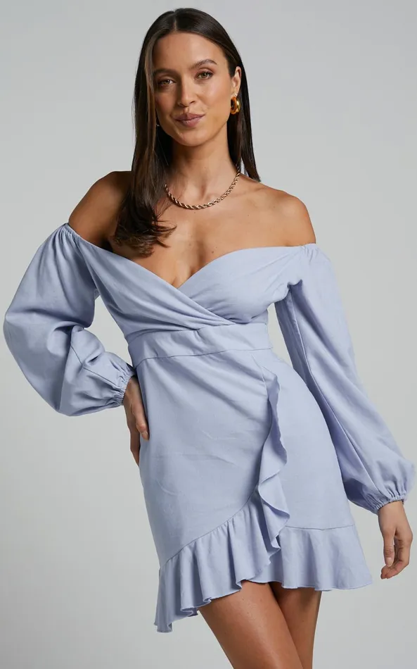 Showpo Cant Move On Off The Shoulder Mini Dress In Powder Blue Linen Look Women Dresses