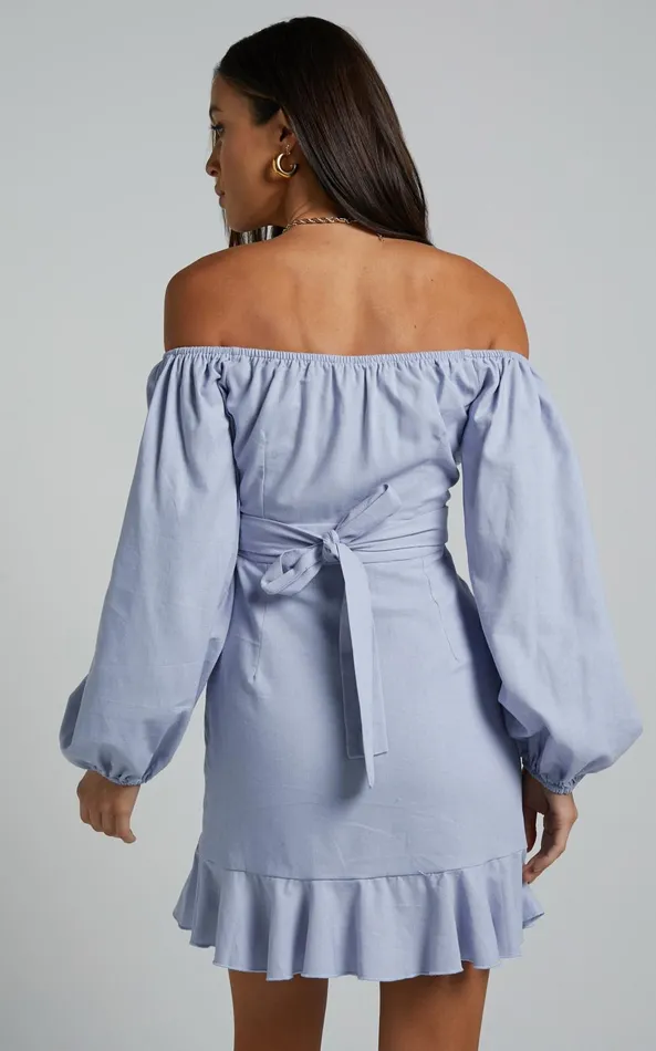 Showpo Cant Move On Off The Shoulder Mini Dress In Powder Blue Linen Look Women Dresses
