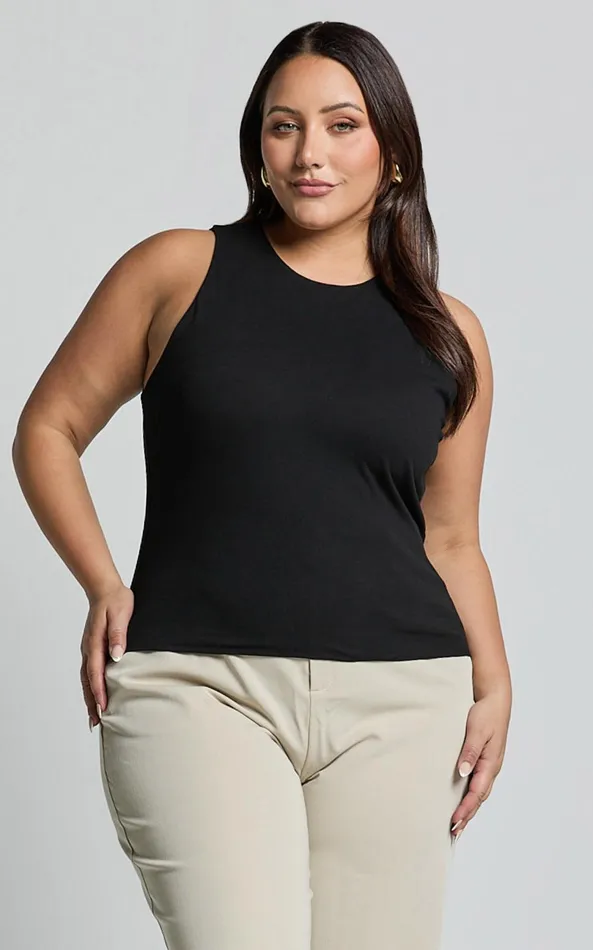 Showpo Cardella Tank 8211 Jersey Long Line Scoop Neck Top In Black Women Curve Clothes