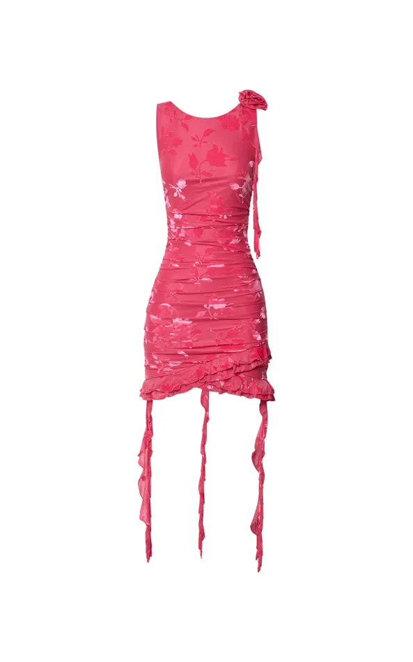 Showpo Cardi Mini Dress 8211 Rosette Detail Devore Ruffle Hem Mini Dress In Pink Burnout Women Dresses