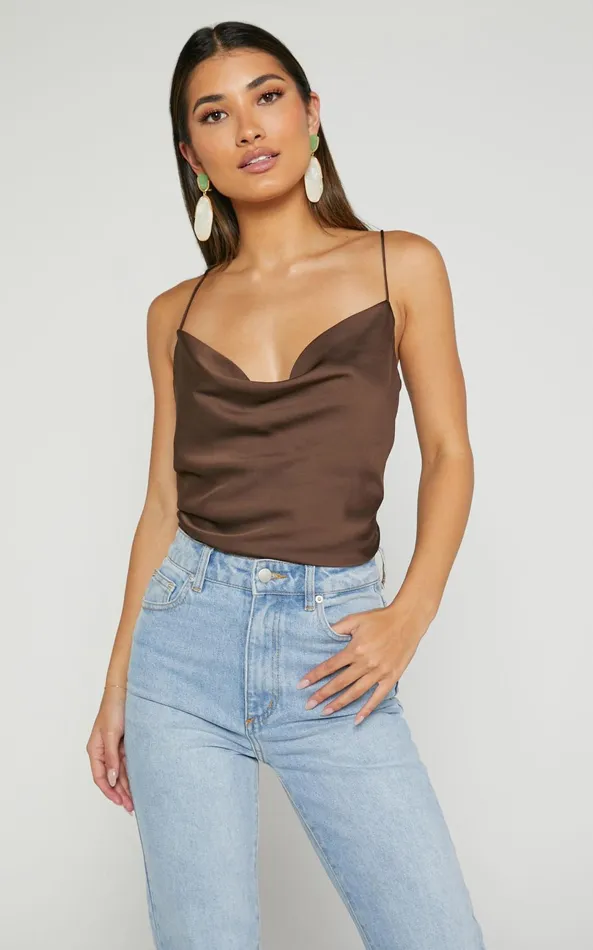 Showpo Cardi Top 8211 Cowl Neck Thin Strap Satin Cami Top In Chocolate Women Tops Showpo Cardi Top 8211 Cowl Neck Thin Strap Satin Cami Top In Chocolate Women Tops