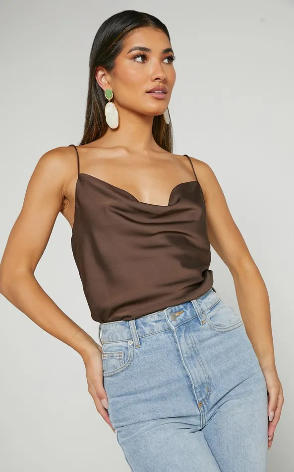 Showpo Cardi Top 8211 Cowl Neck Thin Strap Satin Cami Top In Chocolate Women Tops