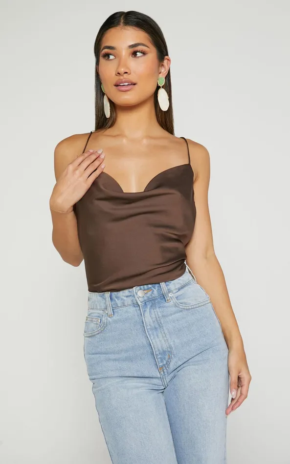 Showpo Cardi Top 8211 Cowl Neck Thin Strap Satin Cami Top In Chocolate Women Tops