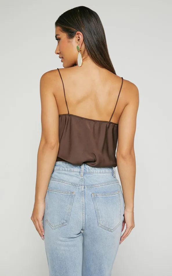 Showpo Cardi Top 8211 Cowl Neck Thin Strap Satin Cami Top In Chocolate Women Tops